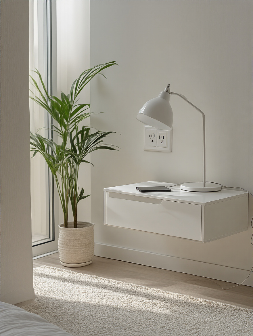 A modern bedroom corner featuring a floating nightstand perfectly positioned to ensure an electrical outlet and light switch on the wall are fully accessible. A lamp is plugged in, illustrating smart bedroom electrical planning.