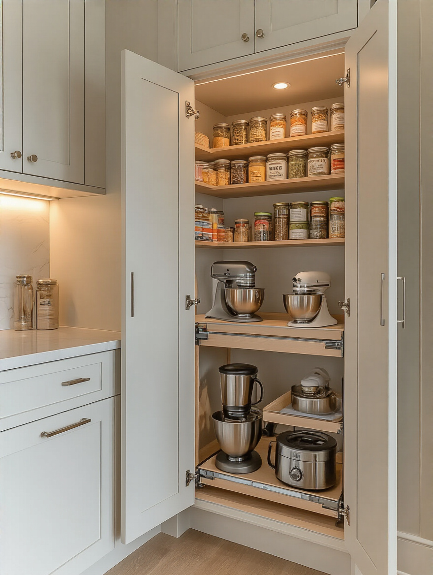 A modern small kitchen with open cabinet revealing slim pull-out pantry and Lazy Susan. Efficient corner storage solutions for small kitchens.