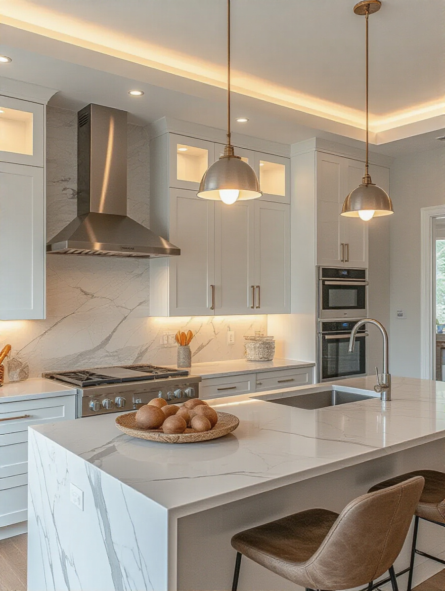 Portrait view of a modern kitchen with layered lighting and diffused under-cabinet illumination