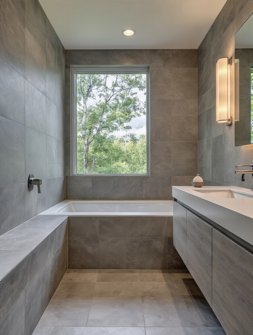 Portrait bathroom tile scene showing pristine grout and tile alignment