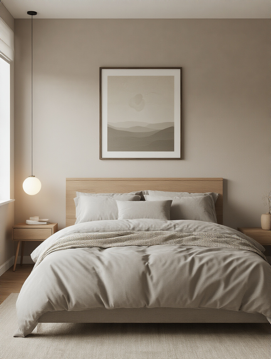 Vertical bedroom wall with centered art above the bed, demonstrating proper wall art placement.