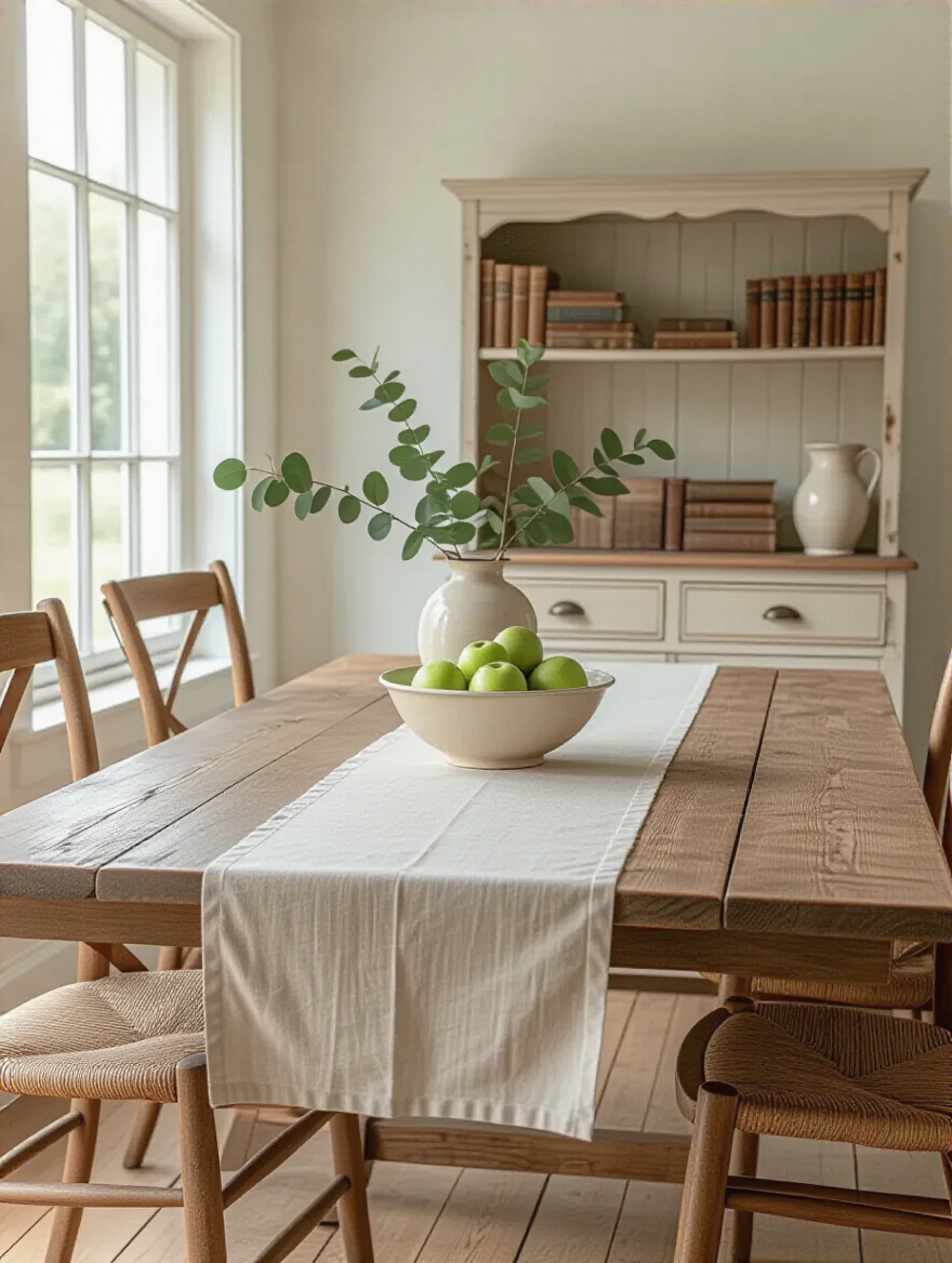 A simple, uncluttered farmhouse dining room featuring a reclaimed wooden table, minimalist ceramic centerpiece, and a hutch displaying a few elegant heirloom items. The room feels spacious and serene, emphasizing functional beauty with soft natural light.