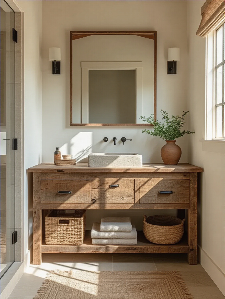 Rustic bathroom with minimal decor and natural textures emphasizing an uncluttered aesthetic