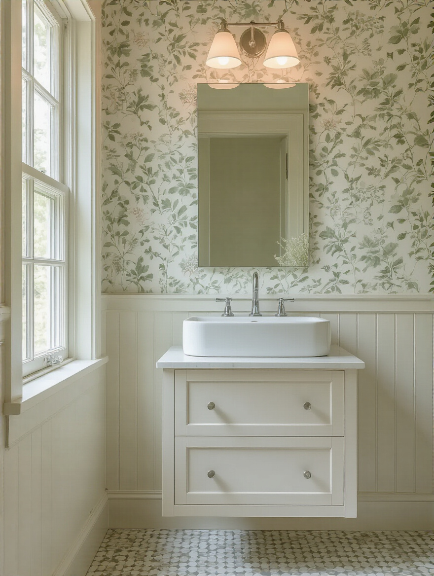 Portrait shot of a small bathroom with a single wallpapered wall in a vintage pattern