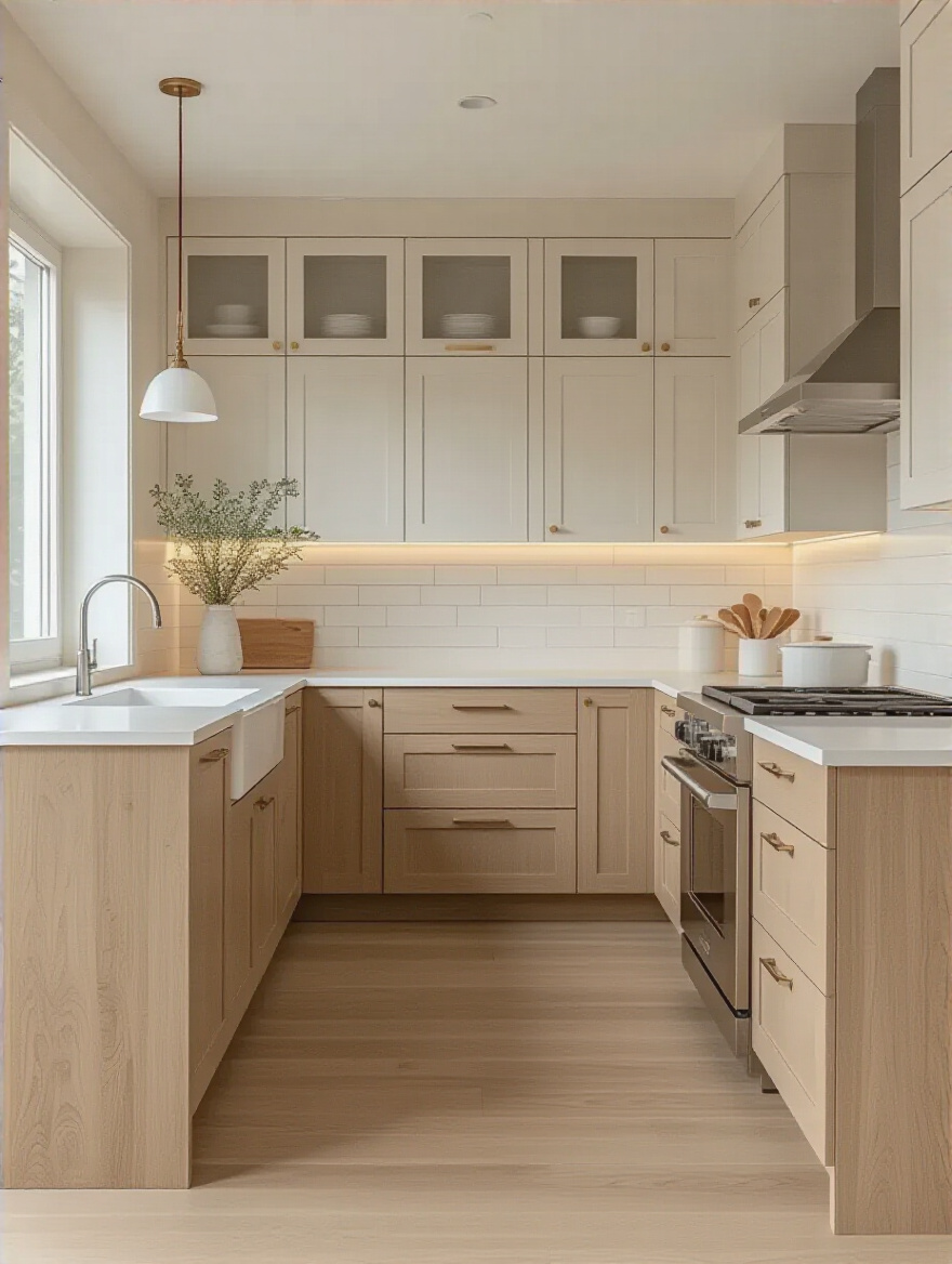 Portrait-oriented shot of a timeless modern kitchen with neutral palette and clean lines
