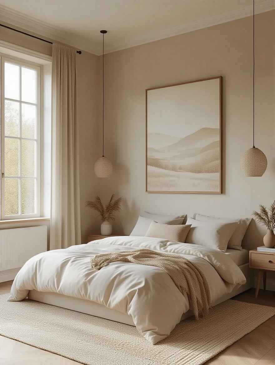 Well-balanced bedroom wall art above bed showing proportional layout