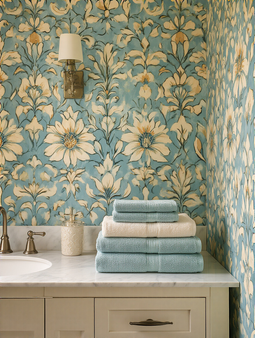 Portrait view of a bathroom showing bold vintage wallpaper and solid-color towels