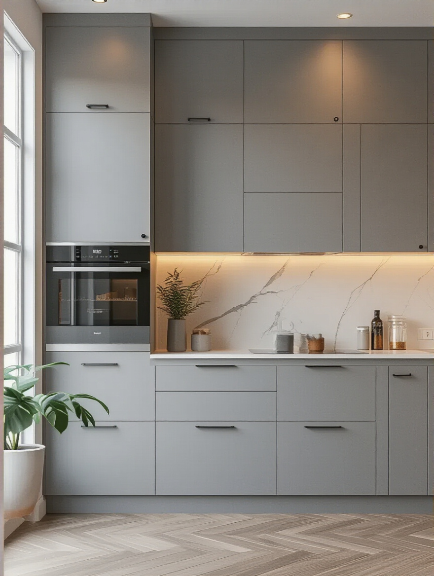 Portrait of a contemporary kitchen with panel-ready appliances integrated behind cabinet fronts