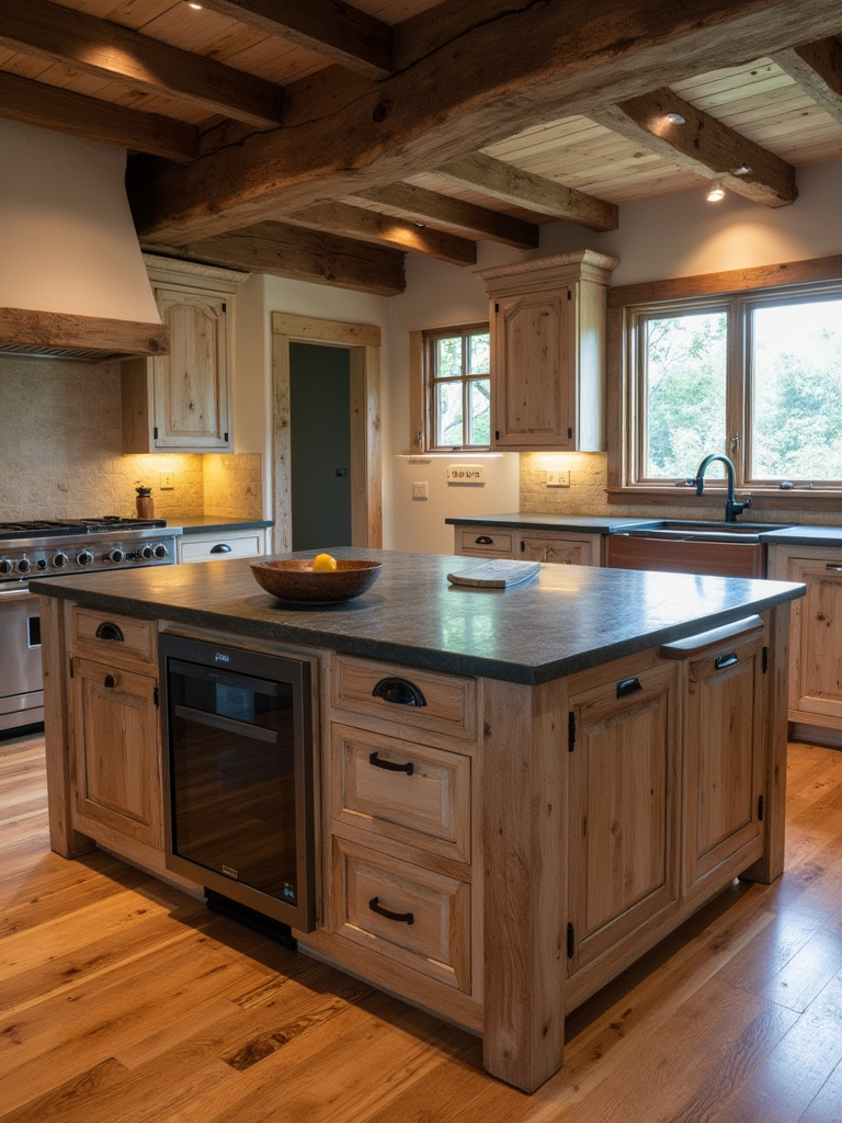 Portrait view of a rustic kitchen island featuring a modern induction cooktop, integrated panel-ready dishwasher, and microwave drawer, all seamlessly blended into reclaimed wood cabinetry with a dark soapstone countertop.