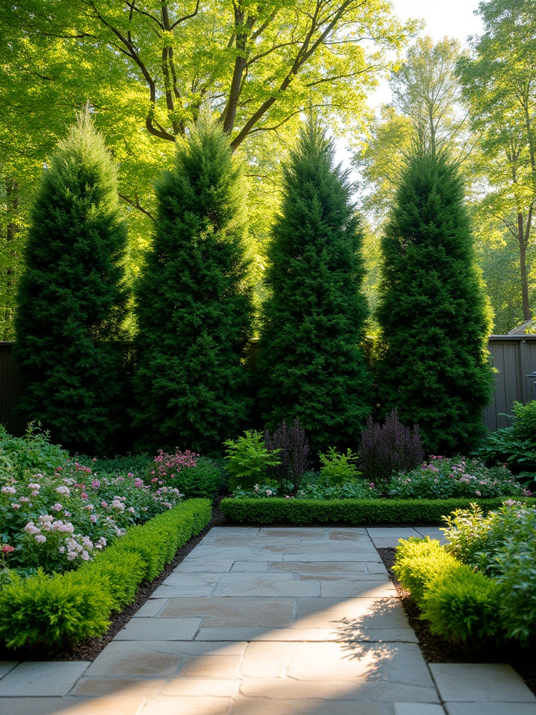 Lush backyard featuring a dense natural privacy screen composed of evergreen trees and various shrubs surrounding a cozy patio.