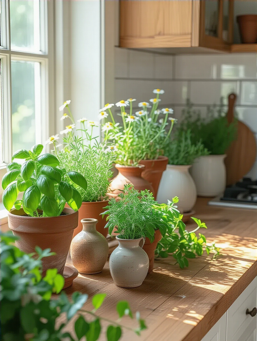 Farmhouse kitchen windowsill or island featuring a vibrant display of potted herbs in terracotta pots, fresh green plants, and a small, colorful floral arrangement, bathed in natural light.