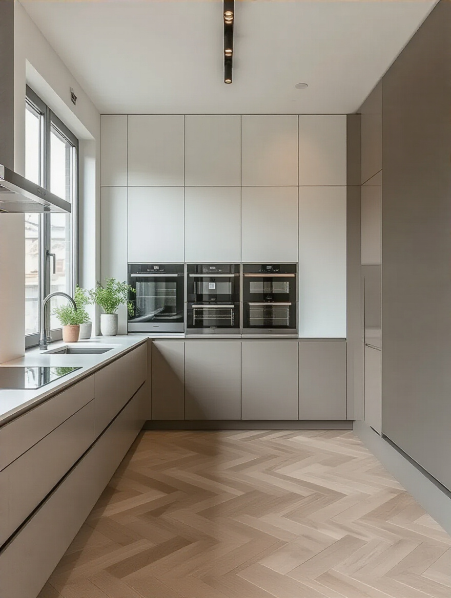 Portrait view of a modern contemporary kitchen showcasing premium cabinetry