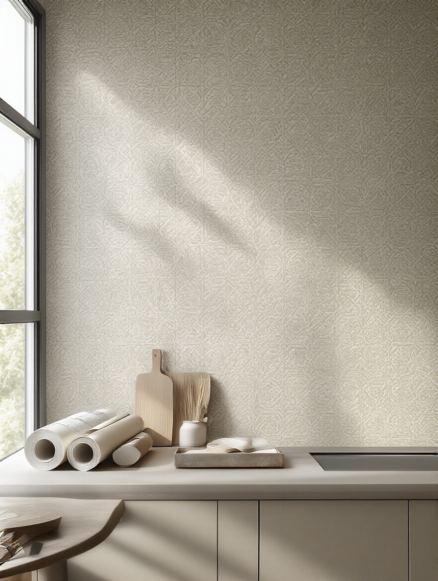 Portrait shot of a modern kitchen wallpaper planning scene with samples and soft lighting