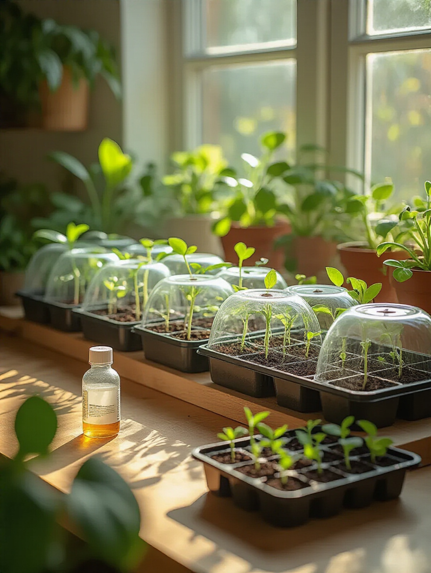 Portrait of a home propagation station with cuttings and seedlings near a sunny window
