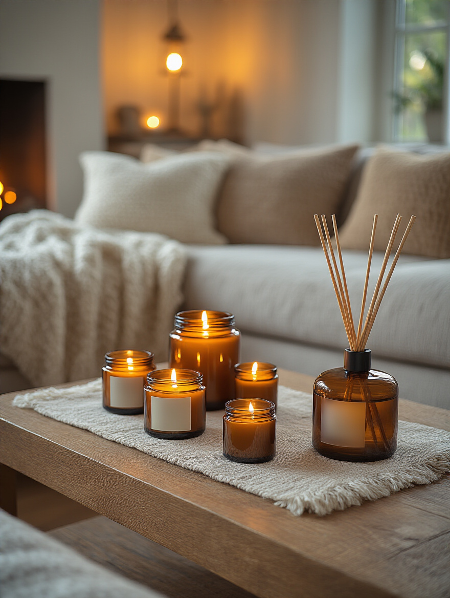 Candles and diffuser on a warm-lit coffee table in a cozy living room