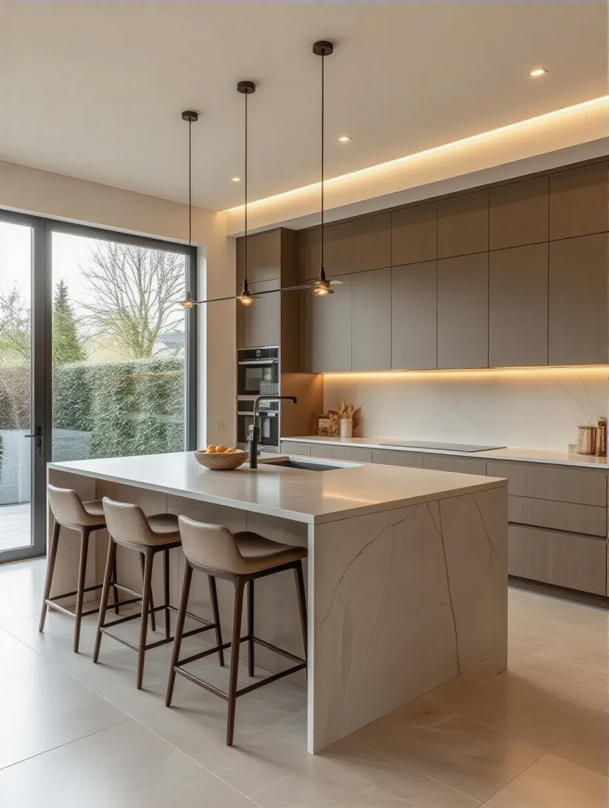 Portrait of a modern kitchen island with ergonomic seating and clear flow