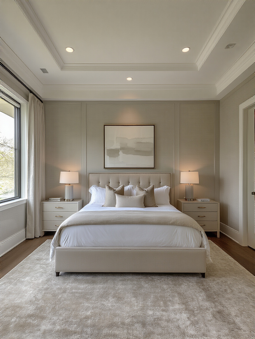 View of a perfectly centered king-sized bed with an elegant headboard in a luxurious master bedroom, flanked by matching nightstands and lamps, showcasing symmetrical balance.