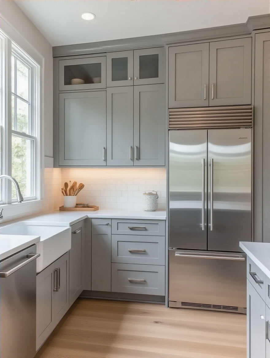 Small kitchen with integrated panel-ready refrigerator and dishwasher seamlessly blending into light grey shaker cabinetry, creating a uniform, uncluttered look.