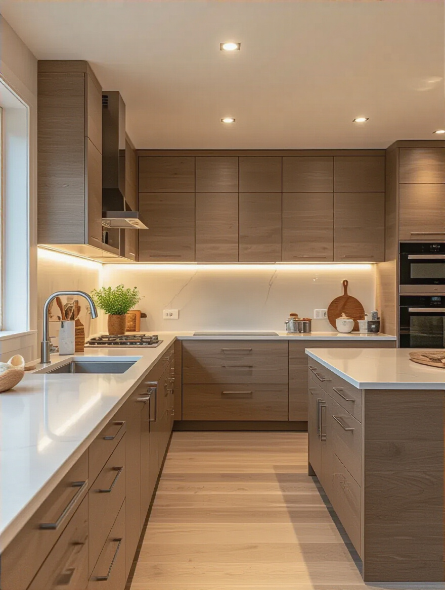 Portrait of a modern kitchen with warm ambient lighting from ceiling fixtures, no people