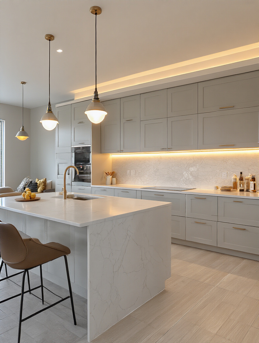 Portrait of a modern kitchen showing layered CCT lighting to set mood and function.