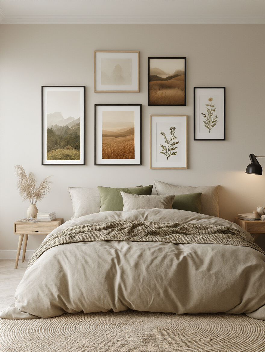 Portrait-style bedroom wall gallery with personalized art reflecting personality and interests