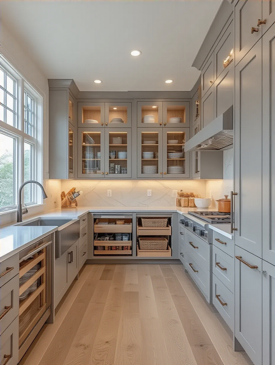Portrait view of modern kitchen cabinetry with storage solutions and pull-out organizers