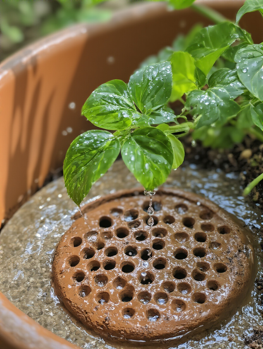 Close-up of a terracotta plant pot's bottom with several large drainage holes, showing water dripping through onto a stone surface, emphasizing effective water runoff to prevent root rot in patio plants.