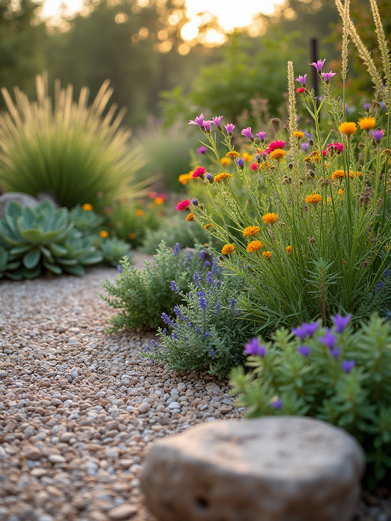 A vibrant portrait view of a sustainable, drought-tolerant garden filled with healthy native plants like succulents, grasses, and wildflowers, set against a backdrop of natural mulch and stones, bathed in soft golden hour light.