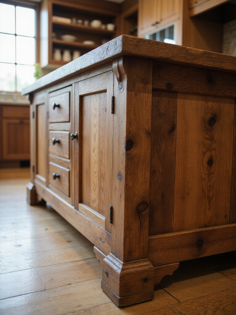 Close-up of a rustic kitchen island base made from richly textured reclaimed barnwood, showcasing its durability and aged charm under soft natural lighting.