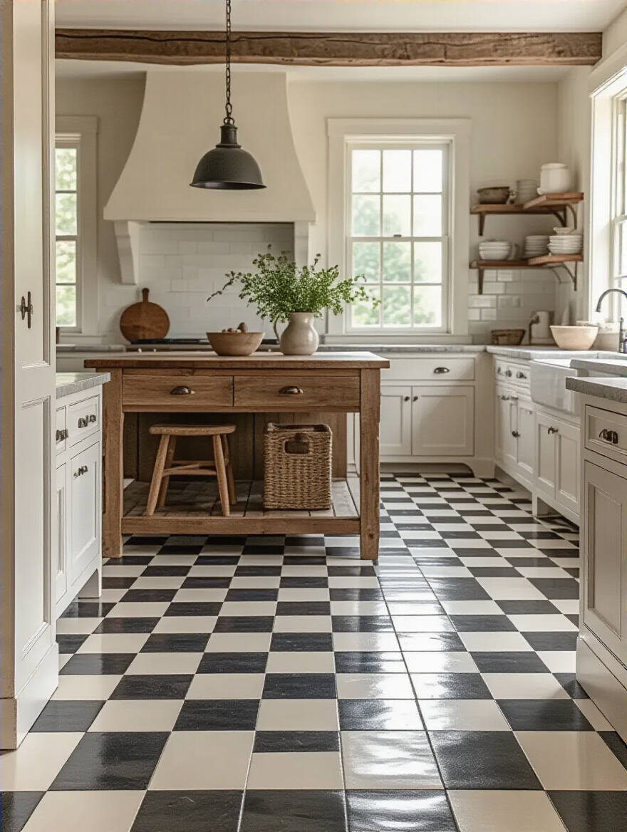 A beautifully styled farmhouse kitchen corner featuring a durable black and white checkerboard porcelain tile floor, reflecting natural light and complementing rustic kitchen elements.