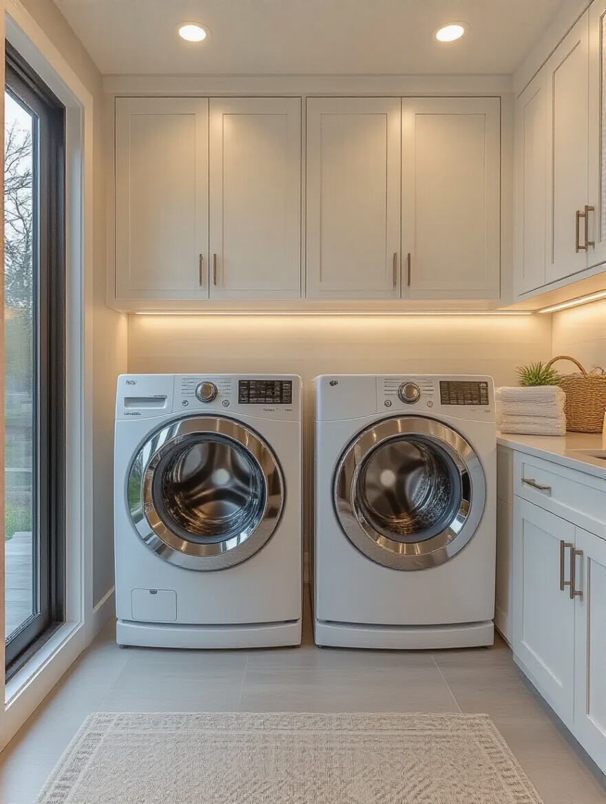 Portrait view of a modern laundry room with energy-efficient washer and dryer