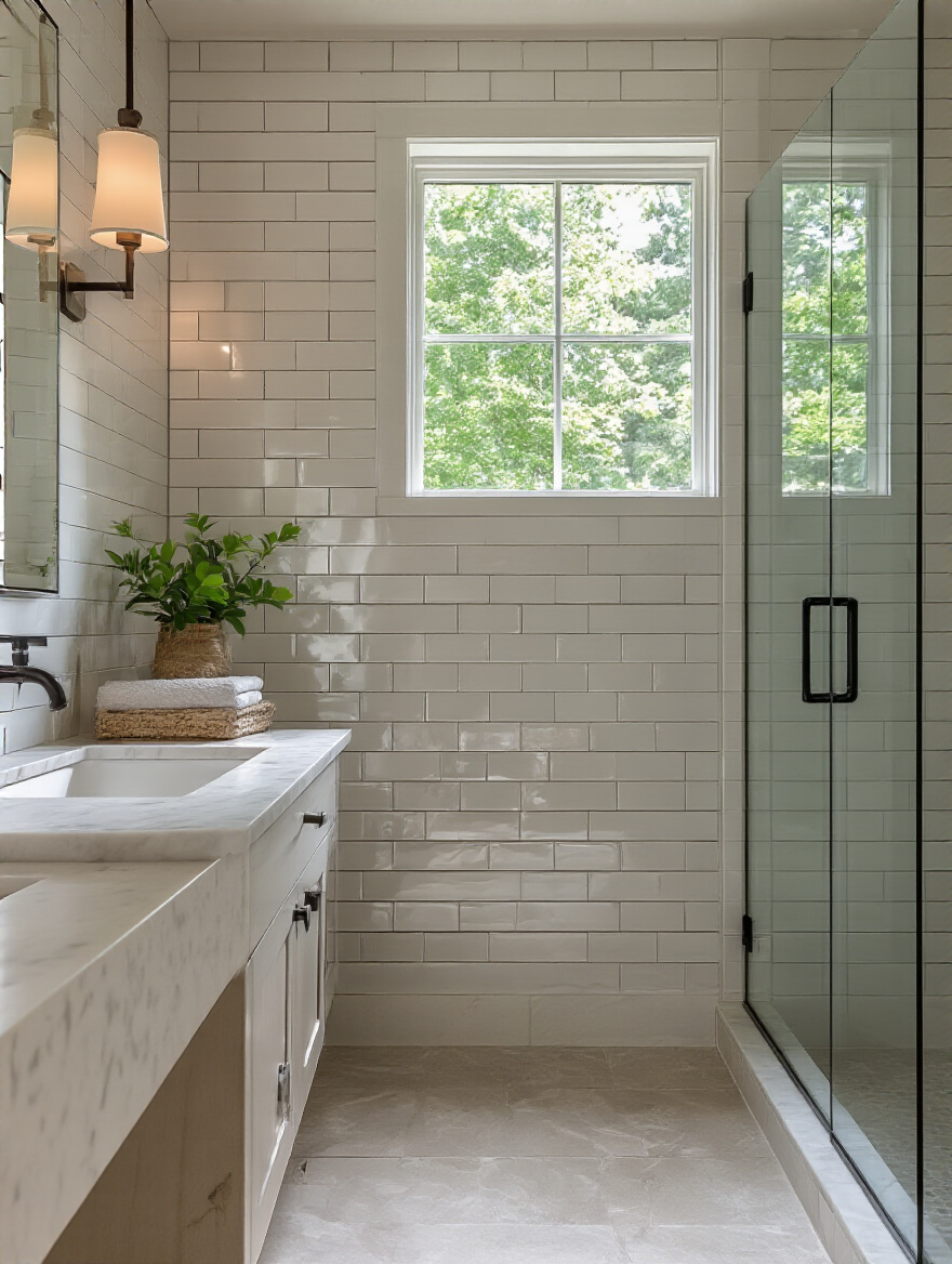 Portrait view of a modern bathroom wall showing grout color options between tiles