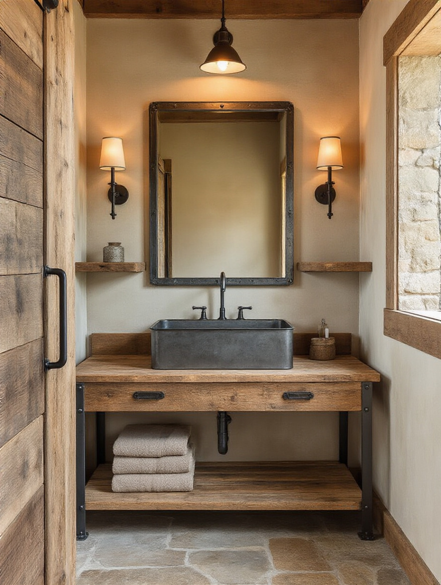 Portrait of a rustic bathroom featuring wrought iron and galvanized steel accents.