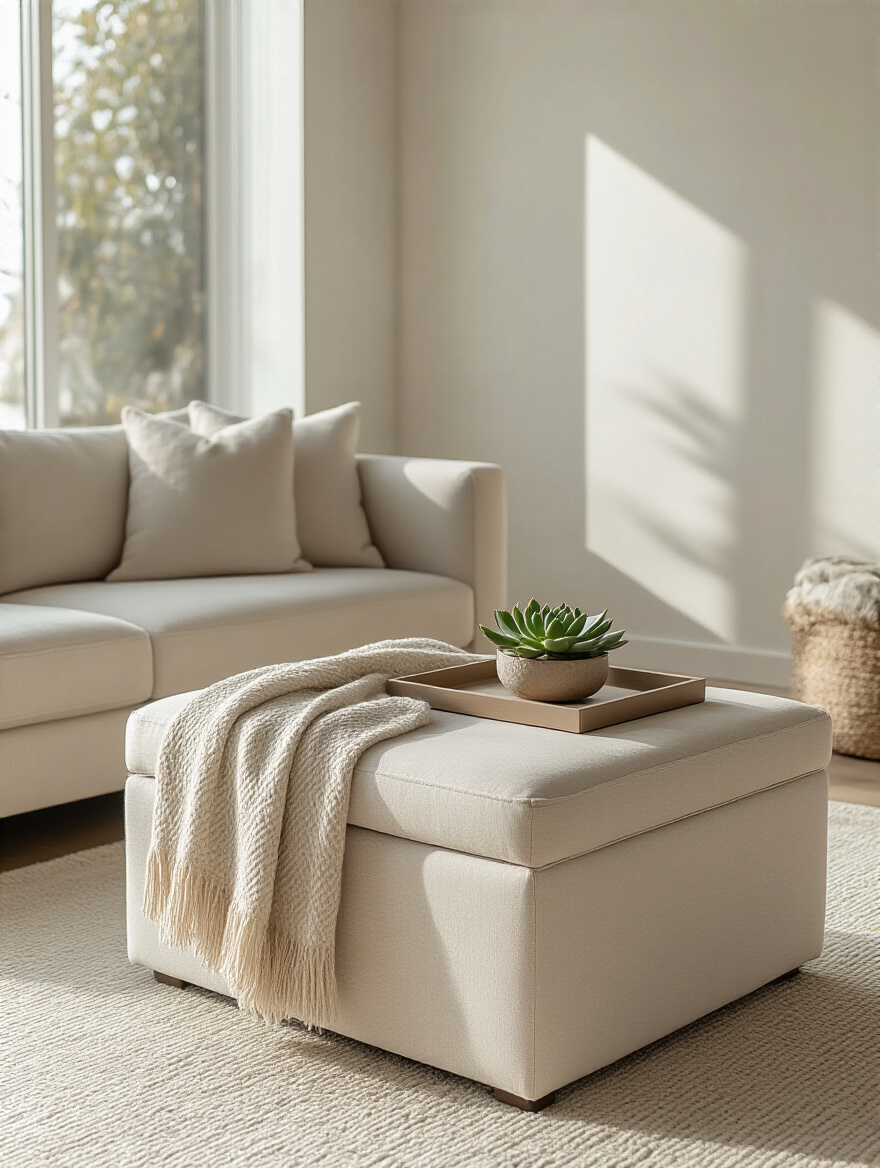 Modern living room with a lift-top storage ottoman acting as a coffee table, exemplifying multi-functional furniture for space efficiency and simple living room decor.