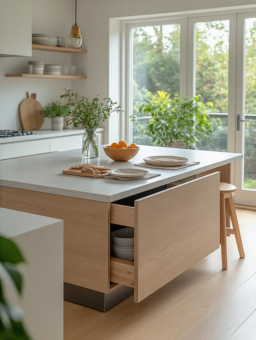 A modern small kitchen with a multifunctional island featuring a hidden pull-out dining table and concealed drawers for storage.