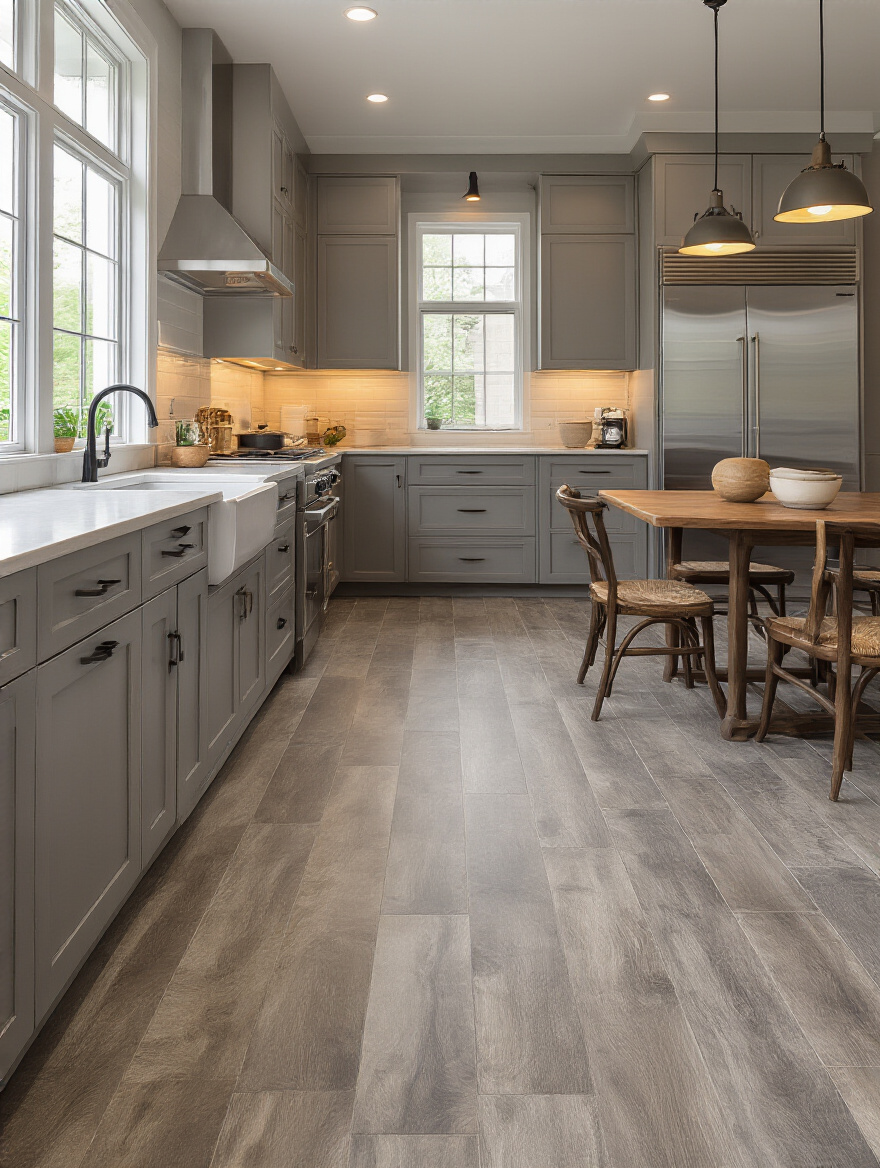 Modern kitchen with resilient flooring materials in warm gray and wood tones