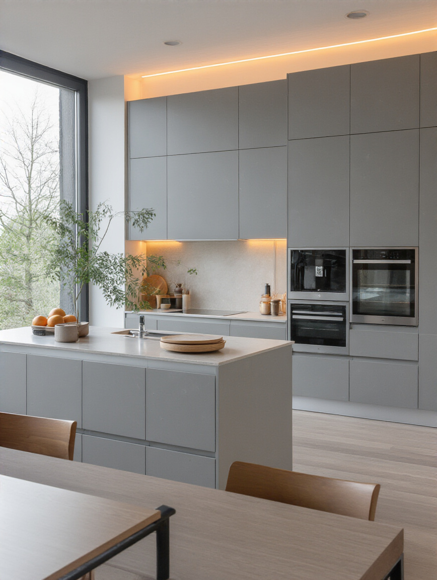 Portrait of a modern kitchen with flat-panel slab cabinetry in a matte finish