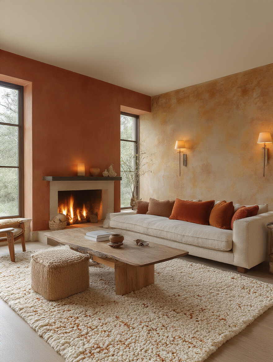Cozy living room with warm-toned walls and soft lighting