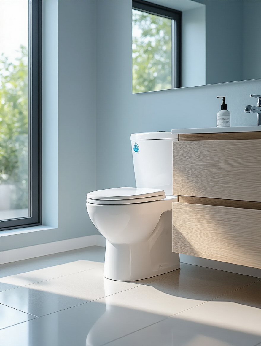 A modern bathroom interior featuring a water-efficient dual-flush toilet and a low-flow sink faucet, illustrating eco-friendly savings. The room is brightly lit with natural light.