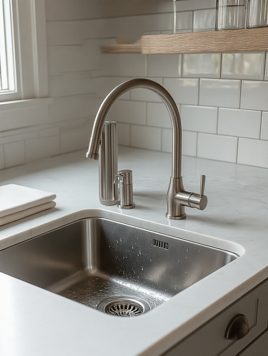 Portrait of a modern kitchen sink area with wet and damp location rated lighting