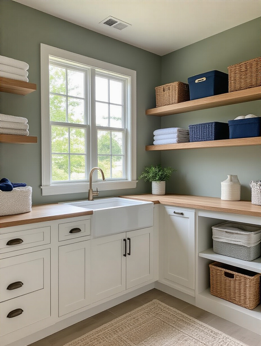 Laundry room with cohesive color palette and decor theme