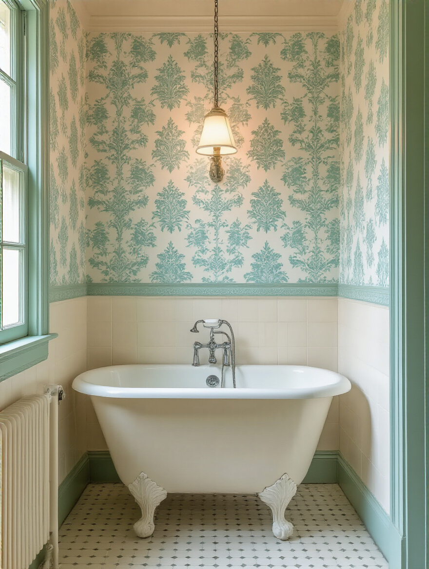Portrait of a vintage bathroom wall with ivory-teal damask wallpaper and clean seams