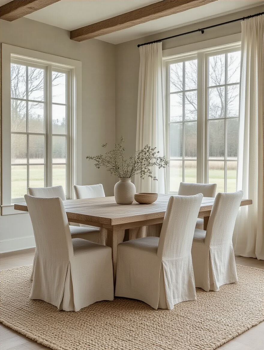 Farmhouse dining room featuring a neutral base palette of whites, creams, and light woods, with a jute rug and linen chairs, creating a serene and versatile atmosphere.