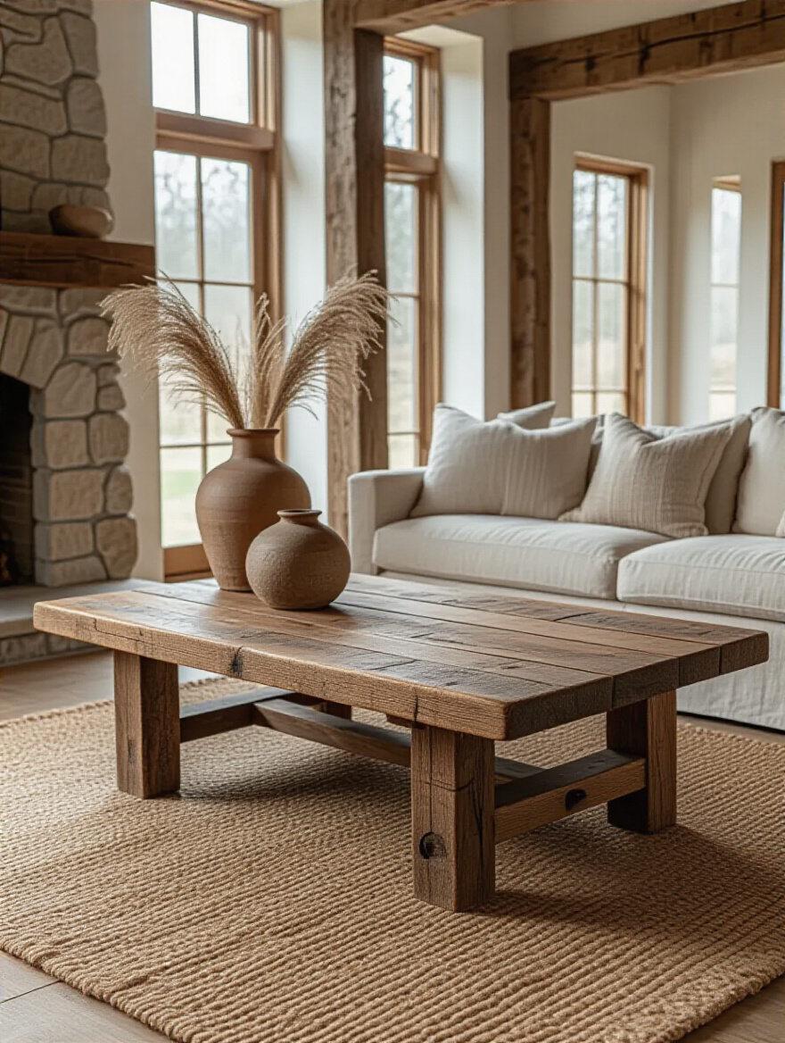 Portrait of a rustic living room centered on a sturdy reclaimed wood coffee table as the focal point, warm lighting.