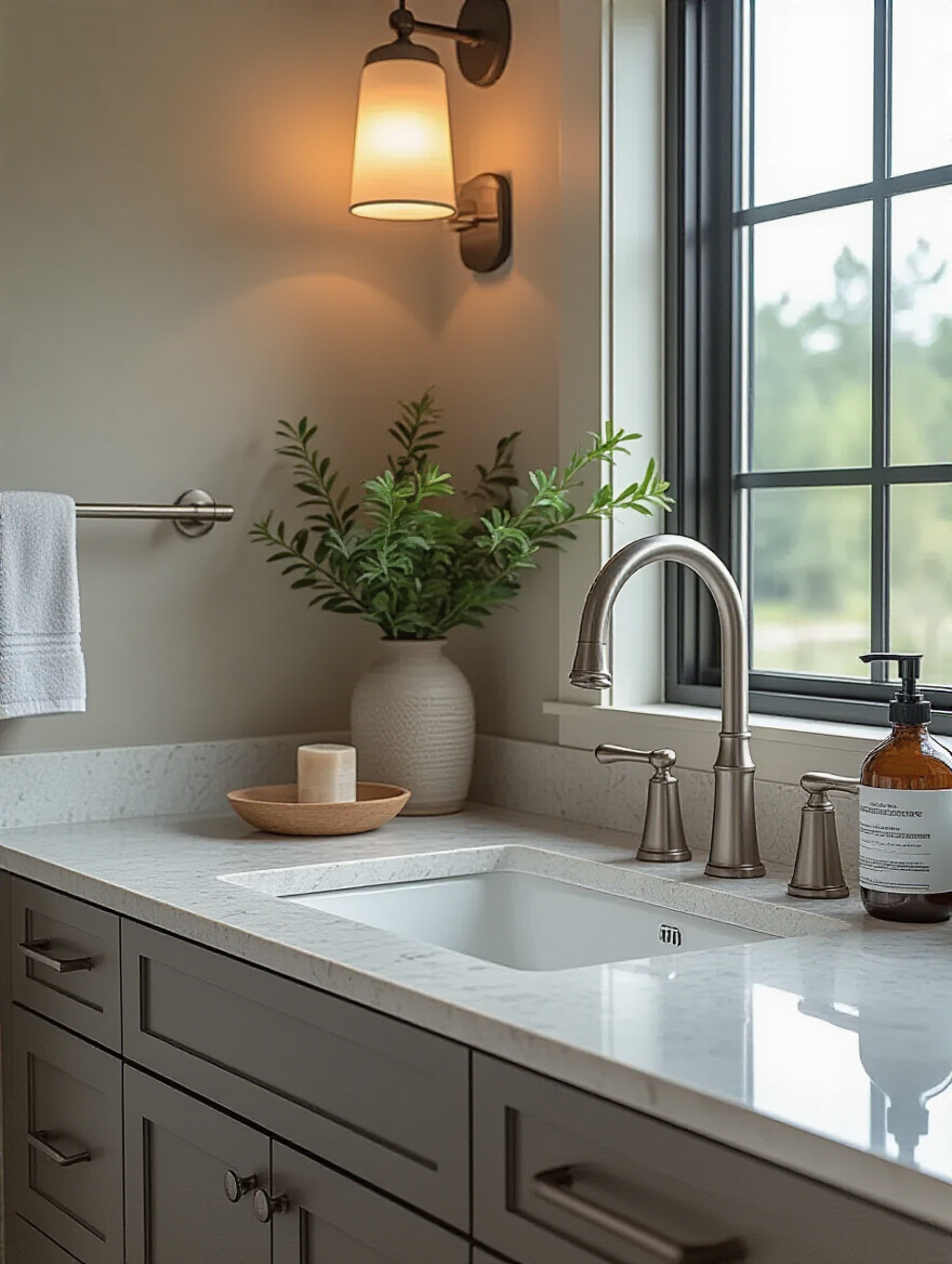 Vertical bathroom vanity with cohesive faucet and hardware finishes in brushed nickel and matte black