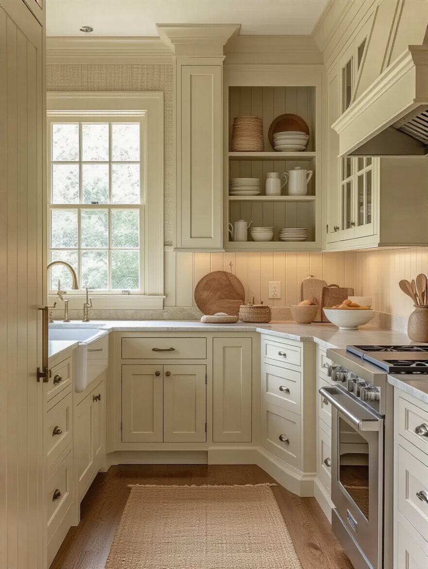 Portrait view of a traditional kitchen with warm paint palette and textured wall coverings