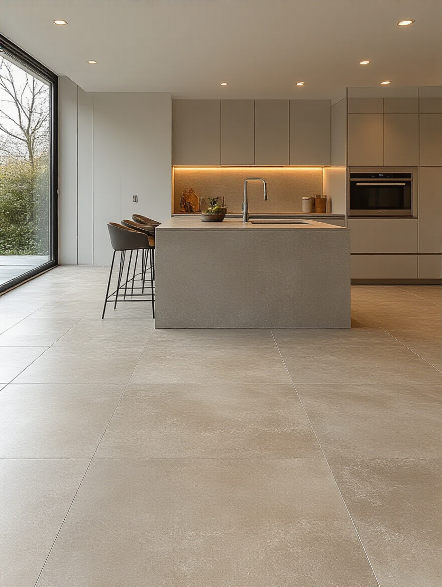 Portrait view of modern kitchen floor with large-format tile and polished concrete