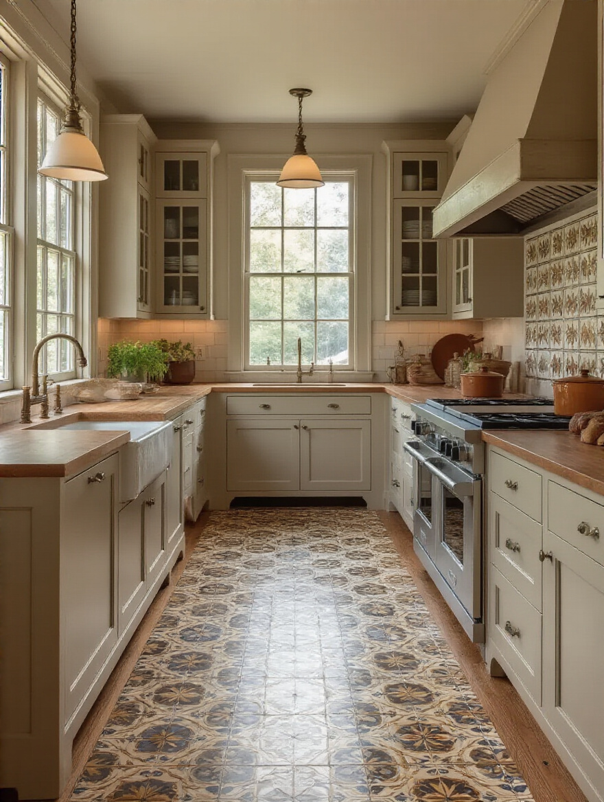 Portrait-style shot of a traditional kitchen floor showing period-appropriate flooring in warm tones