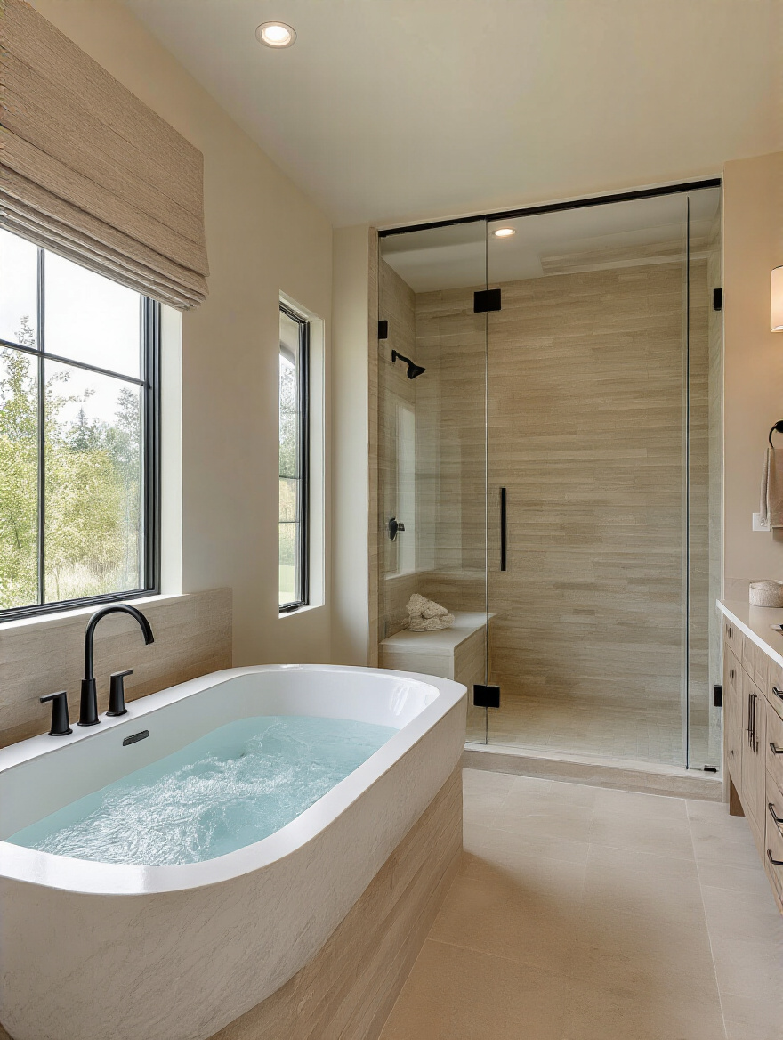 Modern bathroom with freestanding tub and glass shower, spa-like design