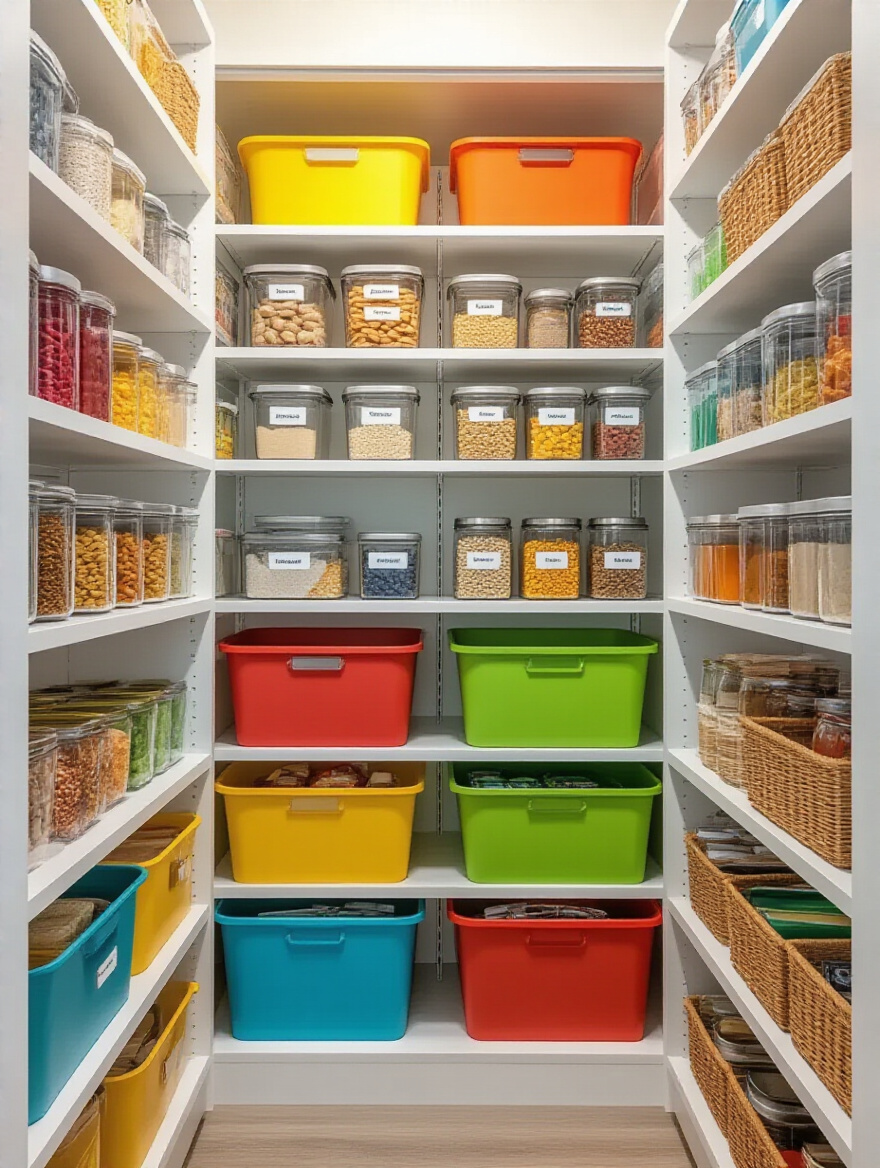 A perfectly organized kitchen pantry with various colored bins and containers, neatly arranged by category, showcasing effective color-coded storage for visual consistency and easy item retrieval.